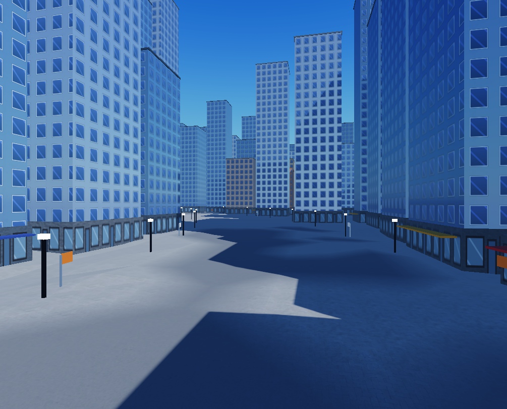 Wide city street between tall buildings